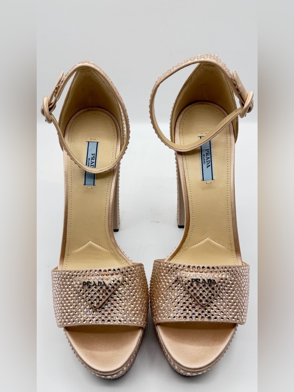 NIB Prada Crystal Rhinestone Embellished Ninfea Nude Pink Satin Platform Heels